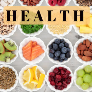 HEALTH text bowls of fruits veggies salmon nuts