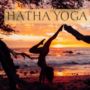 hatha yoga text handstand on beach